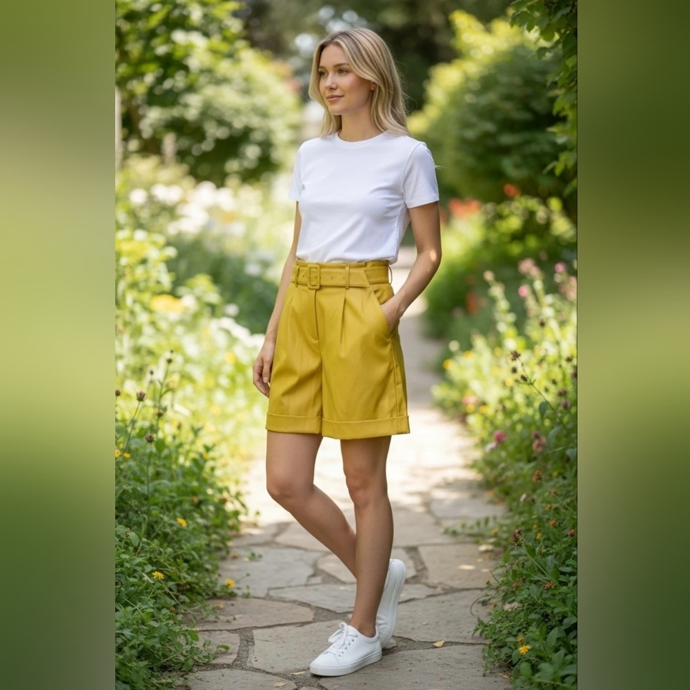 INC  Concepts Yellow High-Waist Belted  Faux Leather Bermuda Shorts Size large